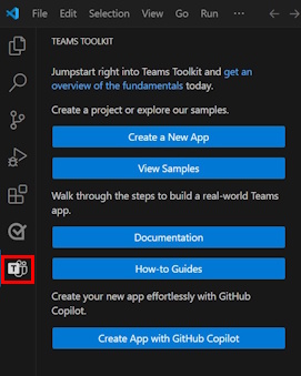 Screenshot shows the Teams Toolkit icon in the activity bar.